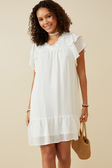 HY6803W OFF WHITE Plus Texture Striped Ruffle Sleeve V Neck Dress Front